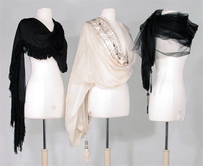 Lot 3395 - Embroidered Champagne Silk Tassel Wrap French,...