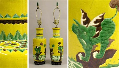 Lot 416 - Pair of Chinese Famille Jaune Porcelain Lamps...