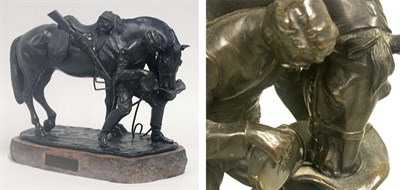 Lot 446 - Patinated-Bronze Group of a Soldier Watering...