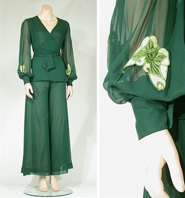 Lot 3555 - Thea Porter Bottle Green Silk Chiffon Pyjama...