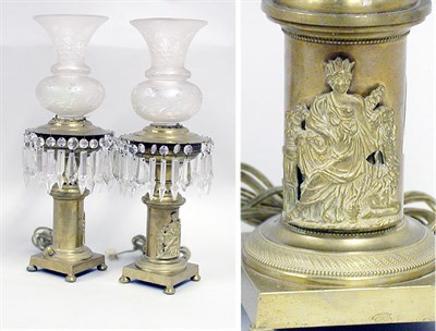 Lot 2291 - Pair of Brass Argand Lamps Each columnar base...