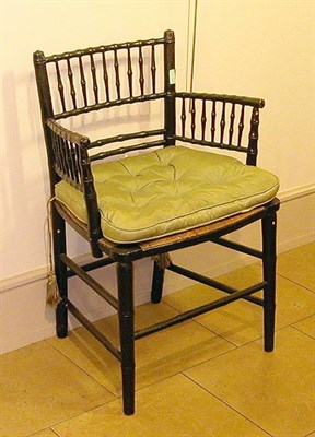 Lot 398 - Pair of Regency Style Black Painted Rush Seat...