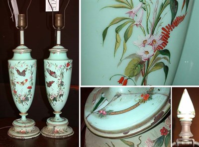 Lot 474 - Pair of Bristol Butterfly Decorated Lamps