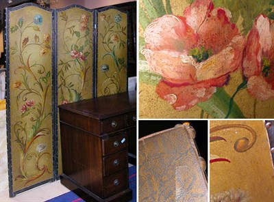 Lot 502 - Continental Painted Leather Three-Fold Screen