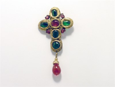 Lot 3270 - Chanel Cross Brooch with Faux Ruby Pendant...
