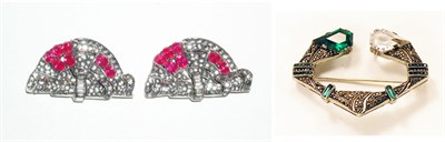 Lot 3039 - Pair of Clips and Brooch with Simulated Stones...