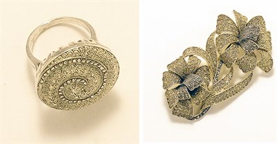 Lot 3037 - Fahrner Spiral Circular Ring and Two Flower...