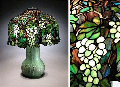 Lot 585 - American Leaded Glass, Bronze and Grueby...