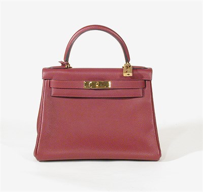 Lot 3738 - Hermes Rouge Leather Kelly Bag With gilt-metal...
