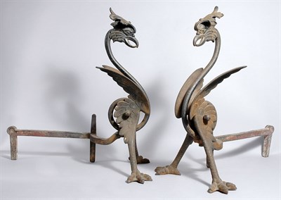 Lot 2274 - Pair of Cast Iron Griffin-Form Andirons...