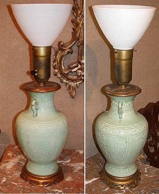 Lot 217 - Pair of Chinese Celadon Glazed Porcelain Lamps