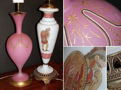 Lot 224 - Two Painted Opaline and Pink Glass Lamps