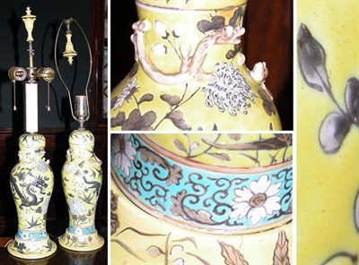 Lot 226 - Pair of Chinese Enamel Decorated Yellow Glazed...