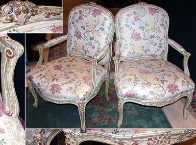 Lot 273 - Pair of Louis XV Gilt and Green Painted Armchairs