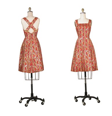 Lot 3507 - Jean-Louis Deep Red Brocade Dress American,...
