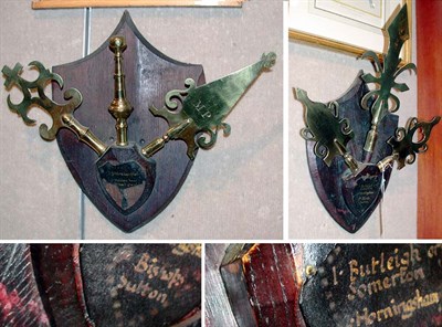 Lot 391 - Pair of English Brass and Oak Shield-Form...