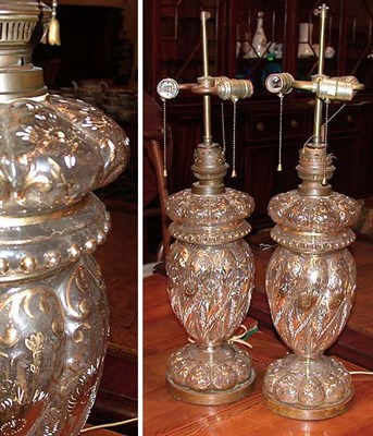 Lot 435 - Pair of Gilt Decorated Molded Glass Lamps