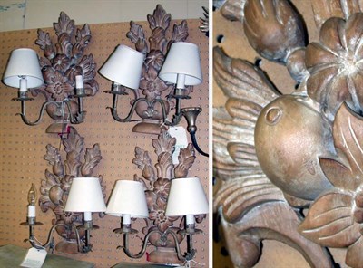 Lot 2450 - Set of Four Floral Carved Wood Two-Light...