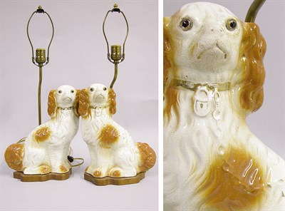 Lot 521 - Pair of Staffordshire Pottery Spaniels Mounted...