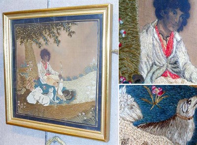 Lot 603 - Framed Embroidered Silk Picture of a Shepherd