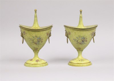 Lot 2517 - Pair of Light Green Tole Covered Chestnut Urns...