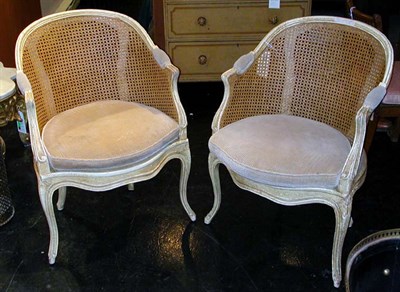 Lot 130 - Pair of Louis XV Style Cream Painted Caned Tub...
