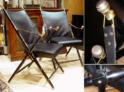 Lot 275 - Pair of Black Painted Wood and Leather Folding...