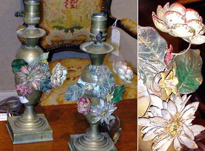 Lot 376 - Pair of Floral Decorated Tole Painted Lamps