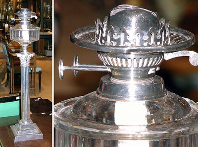 Lot 2567 - English Silver Plated Columnar Oil Lamp
