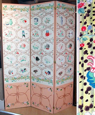 Lot 2201 - Hand Painted Paper Three-Panel Folding Screen...