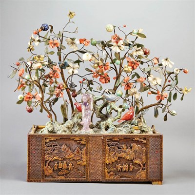 Lot 175 - Chinese Hardstone Bird and Tree Group in a...
