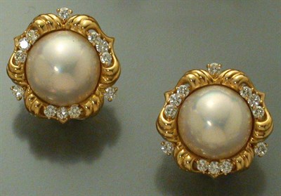 Lot 441 - Pair of Mabe Pearl and Diamond Earrings