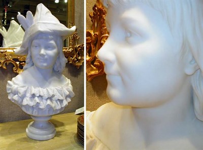 Lot 526 - White Marble Bust of a Woman with Feathered Cap