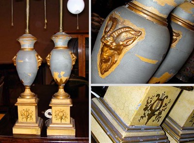 Lot 369 - Pair of Blue Painted Urn-Form Lamps