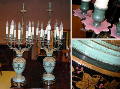 Lot 359 - Pair of Tole Painted Ten-Light Candelabra...