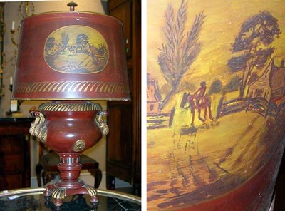 Lot 563 - Neoclassical Style Red Tole Painted Lamp