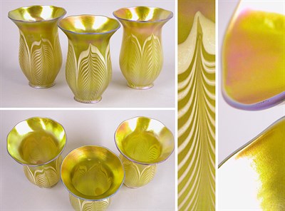 Lot 2557 - Set of Three Quezal Iridescent Glass Shades...