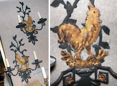 Lot 2447 - Pair of Parcel Gilt Cast Iron Rooster...