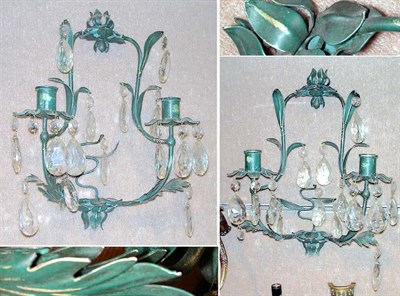 Lot 601 - Pair of Green Tole Painted and Cut Glass...