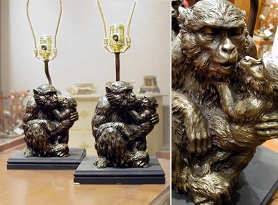 Lot 494 - Pair of Patinated-Metal Models of Monkeys...