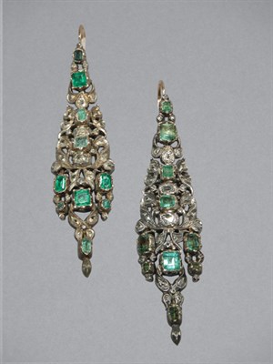 Lot 332 - Pair of  Emerald & Diamond Chandelier Earrings