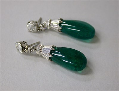 Lot 501 - Pair of Emerald and Diamond Pendant- Earrings