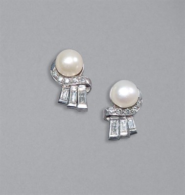 Lot 52 - Pair of Cultured Pearl & Diamond Earrings