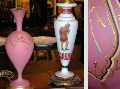 Lot 239 - Two Enamel Decorated Opaline and Pink Glass Lamps