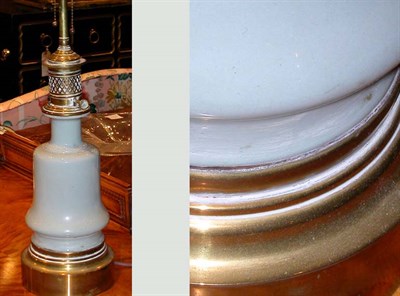 Lot 270 - Pair of Brass Mounted Celadon Glazed Lamps