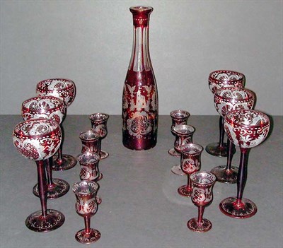 Lot 433 - Ruby Flashed Liquer Set Approximately fifteen...