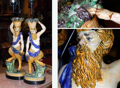 Lot 595 - Pair of Faience Satyr-Form Candlesticks...