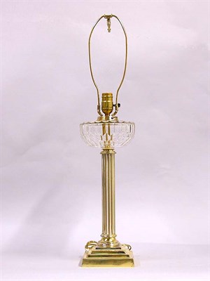 Lot 357 - Columnar Brass and Cut Glass Oil Lamp...