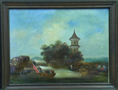 Lot 4041 - Chinese School 19th Century BOATING PARTY Oil...
