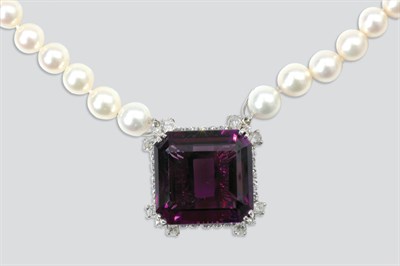 Lot 415 - Cultured Pearl, Amethyst and Diamond Pendant Necklace